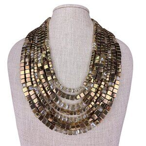 Chicos Gold Tone Multi-Row Faceted Beaded Collar Necklace Adjustable